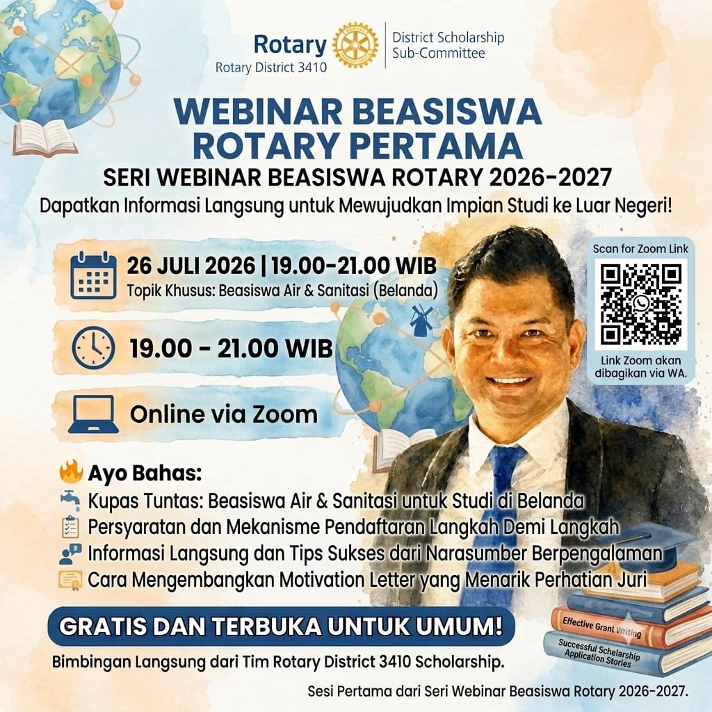Poster: Rotary District 3410 First Scholarship Webinar, July 26 2026, 7:00–9:00 PM WIB, online via Zoom. Special topic: Water & Sanitation Scholarship for the Netherlands. Free and open to the public.